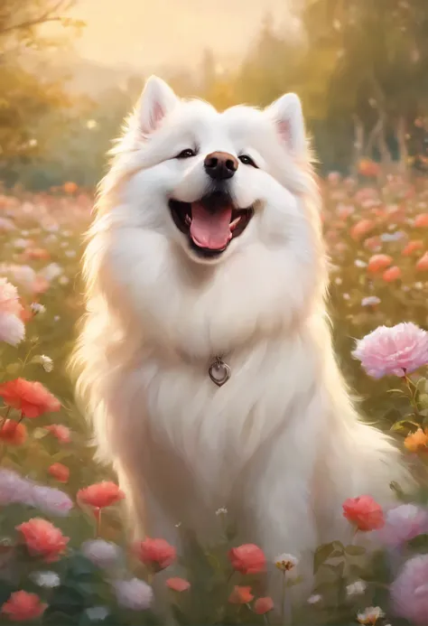 Painting of a white dog with a wide smile in a flower field, full art, adorable digital painting, portrait of Ahri, very very beautiful furry art, Samoyed Dog, cute detailed digital art, Card art, Yang J, artgerm detailed, painting of cute dog, detailed pa...