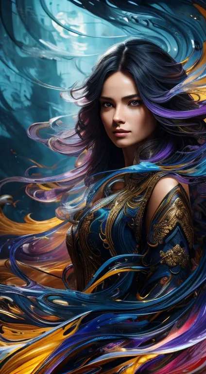 Colorful beautiful girl: a giru 28-years old, messy hair, oil painting, nice perfect face with soft skinice perfect face, blue yellow colors, light purple and violet additions, light red additions, intricate detail, splash screen, 8k resolution, masterpiec...