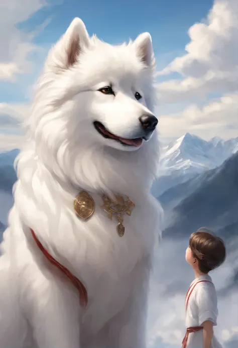 Close-up of a Samoyed dog with a girl looking at the mountains and clouds,  Color (white fluffy) runs a race with the clouds, собака породы  самоед runs a race with the clouds, fluffy clouds, casimir art, illustration of shigenori soejima, boris valejo. Sm...