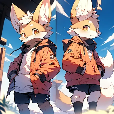 boy，Fennec fox ，Wearing a hoodie and shorts，systemic，Young，adolable，The is standing，独奏