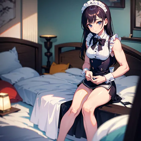 （（（​masterpiece、Top image quality、top-quality、highly detailed unity 8ｋwall-paper）））、（（（Muscle Girl、stocky build、muscular legs、broad shoulders、solid chest）））、（（maid clothes））、Morning bedroom