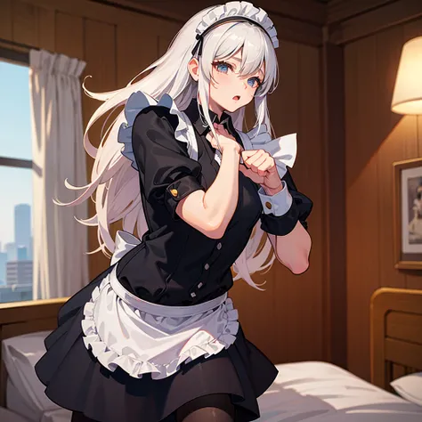 （（（​masterpiece、Top image quality、top-quality、highly detailed unity 8ｋwall-paper）））、（（（Muscle Girl、stocky build、muscular legs、broad shoulders、solid chest）））、（（maid clothes））、Morning bedroom