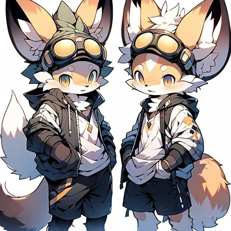 boy，Fennec fox ，Wear goggles，Wearing a hoodie and shorts，systemic，Young，adolable，The is standing，独奏，Pale color background