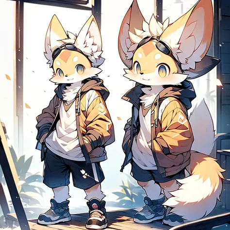 boy，Fennec fox ，Wear light-colored goggles，Wearing a hoodie and shorts，systemic，Young，adolable，The is standing，独奏，solo person