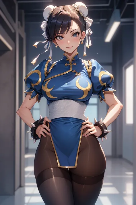 Chun-Li,linda jovem com uniforme azul classico, coxas grossas, belas coxas sexy,um pouco muscolosa, cabelo preso, black tights,cidade chinesa a tarde, Standing alone.solo, roupa azul, saia azul, olhar serio, belos olhos, belo rosto bem detalhado, olhos e s...