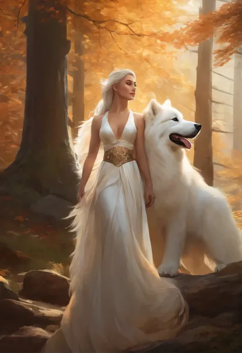 a woman and a white fluffy Samoyed dog stand together on a forest path looking at the snow-capped mountains, artgerm and atey ghailan, ruan jia and artgerm, artgerm and ruan jia, extremely detailed artgerm, Yang J, ig model | artgerm, artgerm. high detail,...