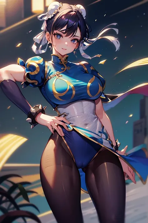 Chun-Li,linda jovem com uniforme azul classico, coxas grossas, belas coxas sexy,um pouco muscolosa, cabelo preso, black tights,cidade chinesa a tarde, Standing alone.solo, roupa azul, saia azul, olhar serio, belos olhos, belo rosto bem detalhado, olhos e s...