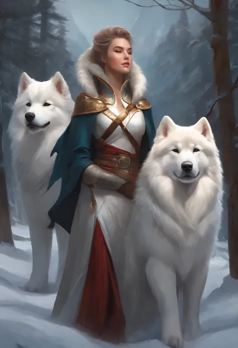 a woman and a white fluffy Samoyed dog stand together on a forest path and look towards the snow-capped mountains, artgerm and atey ghailan, ruan jia and artgerm, artgerm and ruan jia, extremely detailed artgerm, Yang J, ig model | artgerm, artgerm. high d...