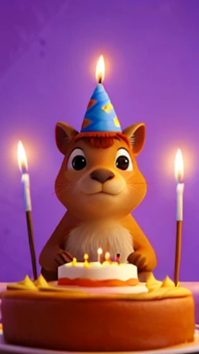 Crie a imagem de uma capivara fofa, celebrating a birthday,  with party hat and a birthday cake with candles