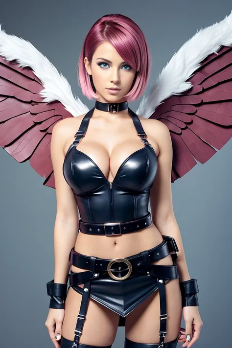 25 year old woman with short undercut dark pink hair dressed in a skimpy angel mistress outfit with leather miniskirt, cleavage, belt, wings. Blue eyes with eye liner. Neutral background