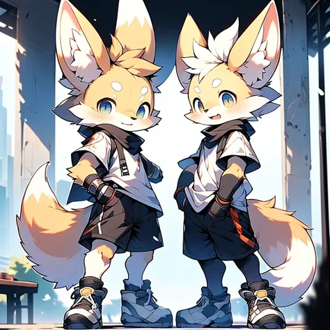 boy，Fennec fox ，Wearing a black scarf，Wear sports gloves，Wear white short sleeves and black shorts，Wear sneakers，systemic，Young，adolable，The is standing，独奏，