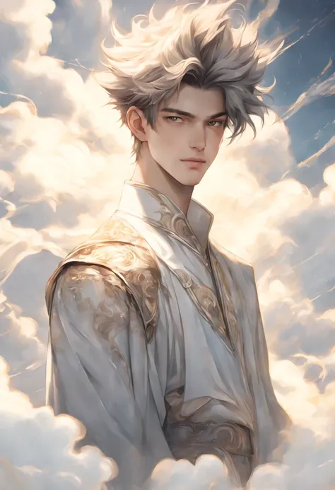 Rotated, (((Handsome young man))), looking straight at camera, Modern Fantasy, Idol style, face of a man about 16 years old, cloud hair, Complex light, there is a place for an inscription