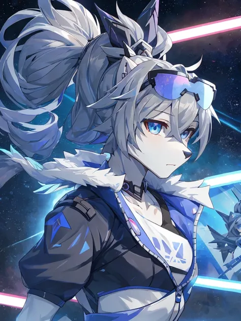 sliver wolf /(honkai:star rail/), grey hair(drill ponytail), fur trim jacket, sunglasses (piercing gaze)(cold expression), beaut...