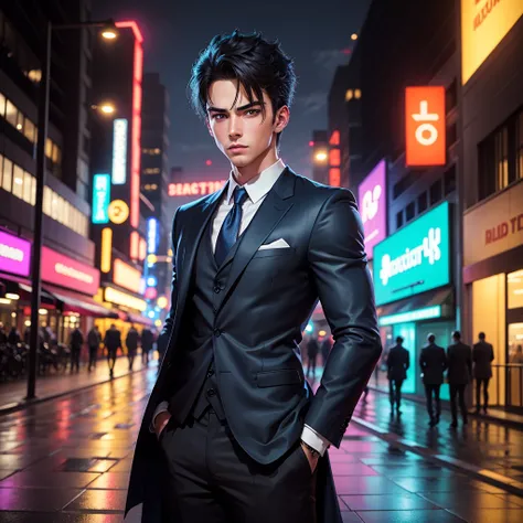 A handsome boy in a suit stands on the street, 1boy, surrounded by colorful neon lights, pouring rain, perfect face, sword eyebrows, blue eyes, side face, ruthless, sharp eyes, domineering, upper body