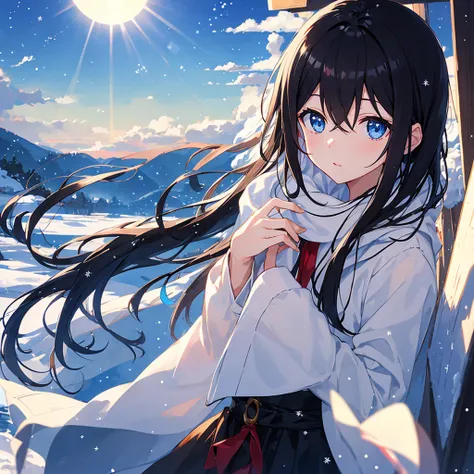 Best Quality, masutepiece, Black hair, Blue eyes, Looking Up, Upper body、Looking at the Sun、Winter scenery