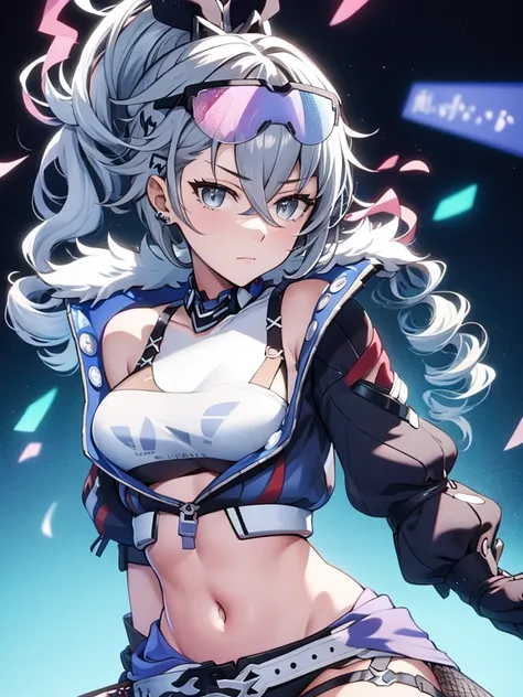 sliver wolf /(honkai:star rail/), grey hair(drill ponytail), fur trim jacket, sunglasses (piercing gaze)(cold expression), beautiful face, beautiful eyes, ultra hd, high resolution, best quality, 8k, top quality, Anime character, game character, girls, vid...