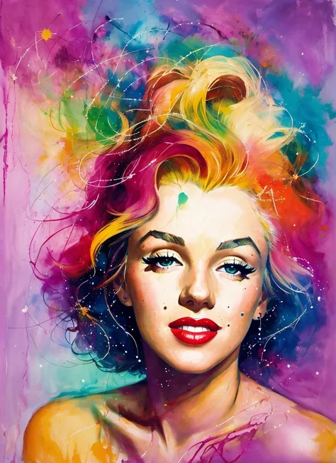 une peinture de Mme Marilyn Monroe par Agnes Cecile,1 fille, seulement, Design lumineux, Arrière plans l&#39;espace et galaxie Colors pastel, Couleur sourdine,  ink drops, Autumn lights