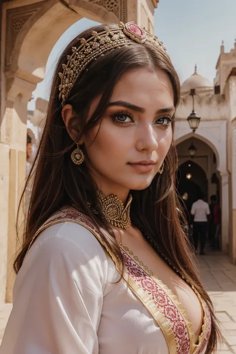 Instagram-Models posieren in Fes, in traditional clothes, full entire body, beautiful detailed eyes, beautifully detailed lips, extremely detailed eyes and face, kurzes, welliges rosa Haar ((best qulaity)), ((Meisterwerk)), (detailliert), perfektes Gesicht...