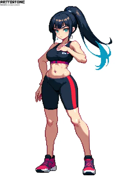 (masterpiece, top quality, best quality, less detail, 8-bit color), pixel,pixel art,1girl, fullbody, smack studio, separate body for edit, (fat), (sports bra), (yoga pants), (navel), (midriff), (bare shoulders), (shoes)