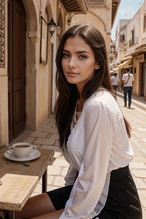 Instagram-Models posieren in Fes, in modern clothes, sitting in a outside cafe in fes, full entire body, beautiful detailed eyes, beautifully detailed lips, extremely detailed eyes and face, kurzes, welliges rosa Haar ((best qulaity)), ((Meisterwerk)), (de...