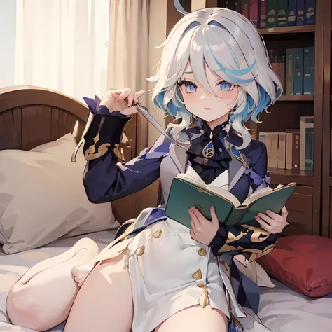 Beutiful, anime, genshin impact, Furina, readng a book, on the bed