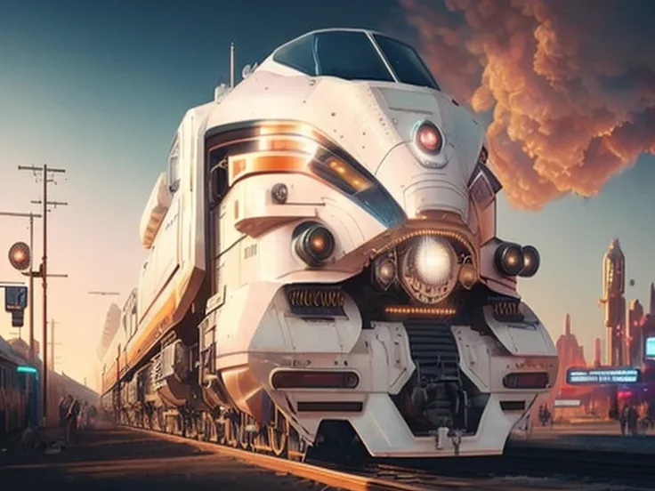 Arafed train on tracks with futuristic design in front, Mike Winkelmann, Realism | beeple, beeple. hyperRealism, Mike "beeple" Winkelmann, future locomotive style, beeple and mike winkelmann, big train in space, by beeple, inspired Mike Winkelmann