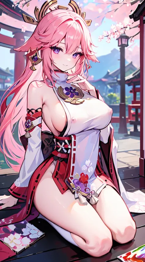 1girl, (ulzzang-6500:0.7), kpop idol, yae miko, detached sleeves, bare shoulders, pink hair, long hair, japanese clothes, best quality, (painting:1.5), (hair ornament:1.35), jewelry, purple eyes, earrings, breasts, torii, cherry blossoms, lantern light, de...