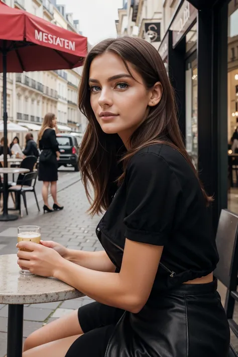 Instagram-Models posieren in Paris, in modern clothes, sitting in a outside cafe in paris, full entire body, beautiful detailed eyes, beautifully detailed lips, extremely detailed eyes and face, kurzes, welliges rosa Haar ((best qulaity)), ((Meisterwerk)),...