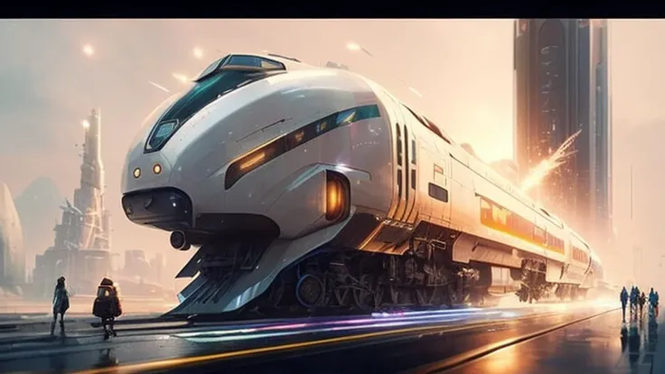 futuristic train on rails with people, walking along the side of the road, Mike Winkelmann, future locomotive style, wojtek fus, [ trending on CGsociety ]!!, Mike "beeple" Winkelmann, by beeple, andreas rocha style, by Raymond Han, bastien grivet, beeple. ...