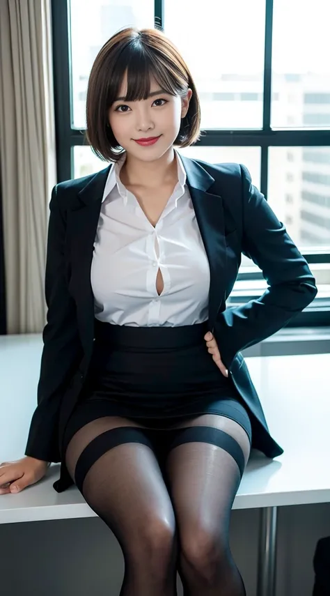 (sitting on a desk), 1 woman, solo, thick thighs, beautiful legs, office lady, realistic, raw photo, business suit, skirt, short hair, bangs, pantyhose, looking at viewer, best quality, large breast, smile, Realistic Skin Textures, full body,