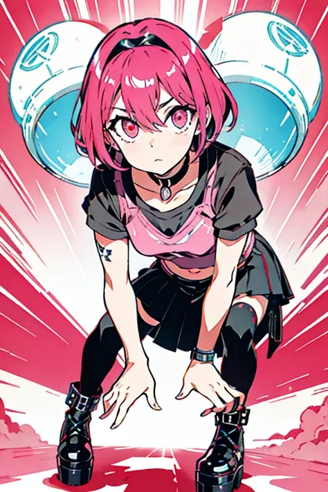 ((1 person)), ((best quality)), ((masterpiece)), (detailed), ((punk-ish aesthetic)), (femboy), perfect face, a mole under each eye, Slim, White long pixie cut with red steaks, Pink eyes, Spiked choker, Pink crop top, ((unsymmetrical)) half-pink half-Black ...