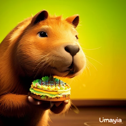 Create the image of a cute capybara, celebrating a birthday, with a party hat and a birthday cake with candles, in the Pixar Studios style