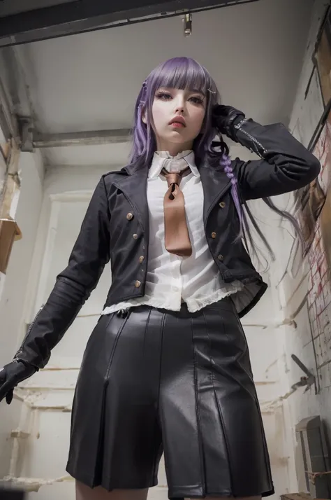 photo Realistic, masutepiece, Realistic, High contrast, hyper Detailed, Best Quality, 超A high resolution, photo Realistic, High resolution, Detailed, Raw photo, Kyoko Kirigiri, Long hair, Purple hair, Side braid, Blunt bangs, Hair Ribbon, a black ribbon, H...