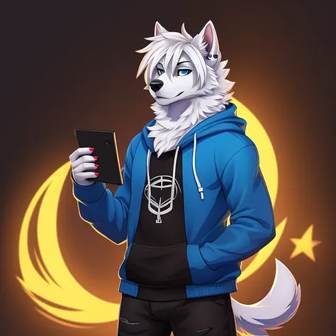 Samoyed, dog, furrsona, fluffy, punk, anarchist, mysterious, blue hoodie, cross earrings, tech-savvy, full furrsona, pixel paws name, blue eyes, metalhead, plain blue hoodie, hair to tbe side, fluffy