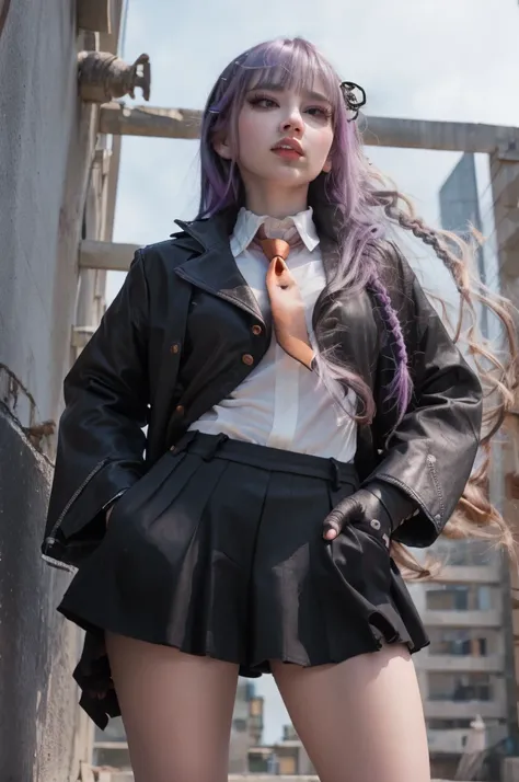 photo Realistic, masutepiece, Realistic, High contrast, hyper Detailed, Best Quality, 超A high resolution, photo Realistic, High resolution, Detailed, Raw photo, Kyoko Kirigiri, Long hair, Purple hair, Side braid, Blunt bangs, Hair Ribbon, a black ribbon, H...