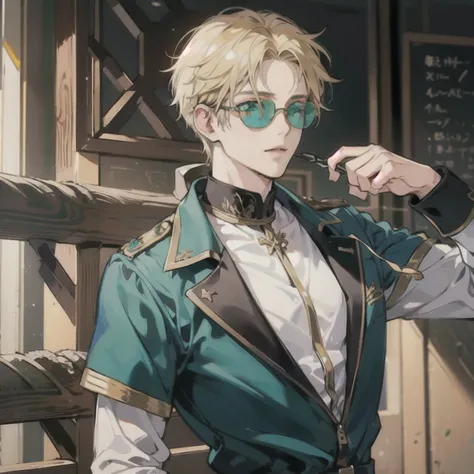 Create an anime character that is blonde, 2D, muscular, charming, with emerald green eyes, messy hair and sunglasses