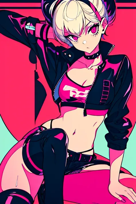 ((1 person)), ((best quality)), ((masterpiece)), (detailed), ((punk-ish aesthetic)), (femboy), perfect face, a mole under each eye, Slim, White long pixie cut with red steaks, Pink eyes, Spiked choker, Pink crop top, ((unsymmetrical)) half-pink half-Black ...