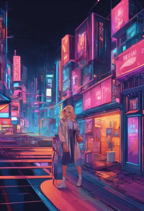 1girl, blonde, urban landscape, night time, neon lights, billboards,