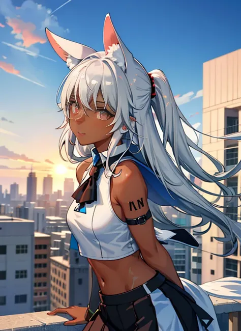 ((((An ultra-high picture quality、Fine-grained image quality、masuter piece、top-quality、Long body、Waiting for a traffic light、Student Uniform 2.0,large full breastrown skin color、Silvery hair、poneyTail、Red ruby-like eyes、dynamicposes、ssmile、Background of bu...