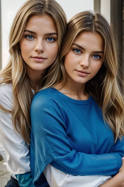 Ultra Gesicht Nahaufnahme, Schriftseite nach oben, 2Girls 18 years old, hugging, lange Haare, schauen sich gegenseitig in die Augen, blondes Haar, blaue Augen, Schulterfrei, Skinny sweaters, volle Lippen, Realistisch, Flirten miteinander, Nahaufnahme, Real...