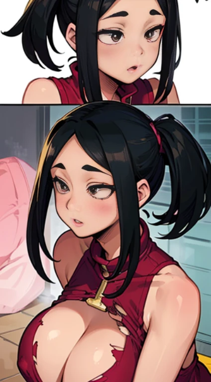 (Best Quality, 8k, 32k,1 Girl, Momo Yaoyorozu, Black Hair, Red Clothes, Gigantic Breasts, Perfect Body, Ultra Detailed Face, Detailed Lips, Thin Eyes, Torn Dress, Standing, Seductive, Excited, Areolas, In the Heat, Pink Panties.