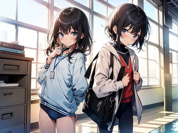 top-quality, extremely delicate and beautiful, Elementary school boys, 5th grade elementary school, Light blue chest thin school swimsuit, silly smile, A dark-haired, is standing, Twin-tailed