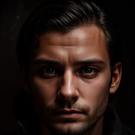 A portrait of a man, young, 30 years old, alone, with piercing eyes, detailed face, high details, photography, dark light studio, rim light, Nikon D850, 50mm, f/1.4