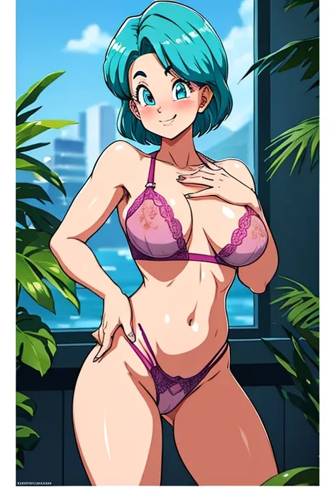 high definition, 8K, detailed face, grabbing her breast, showing her breast, Bulma from dragonball z, Deep blue eyes, ((pink see through lingerie)), spa, (large breasts)), slim and thin, body of equal proportionocus on her breast)), front view, four finger...