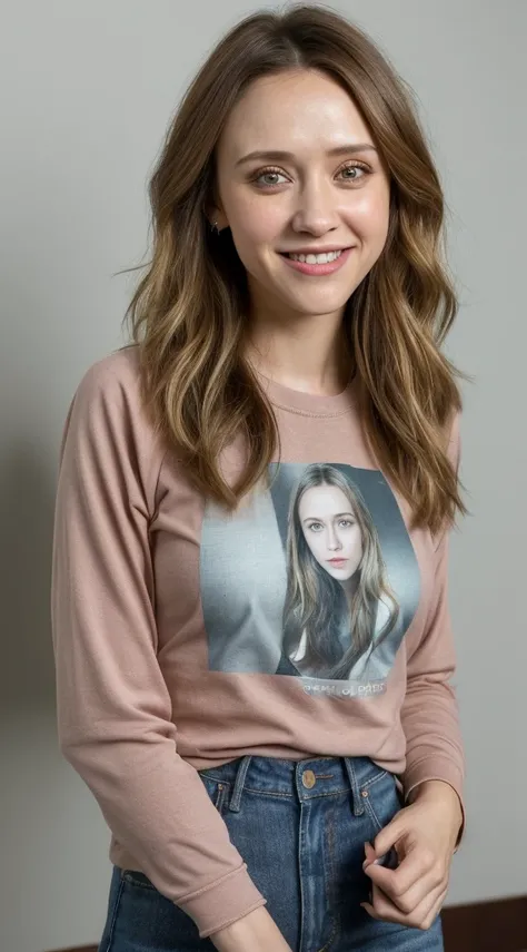 a woman that is smiling and holding a cell phone, this person does not exist, young woman in her 20s, brown hair and large eyes, wearing a long sleeve tshirt and jeans, olesya rulin-romola garai-valorie curry-maude apatow-peggy lipton-mia wasikowska-madeli...