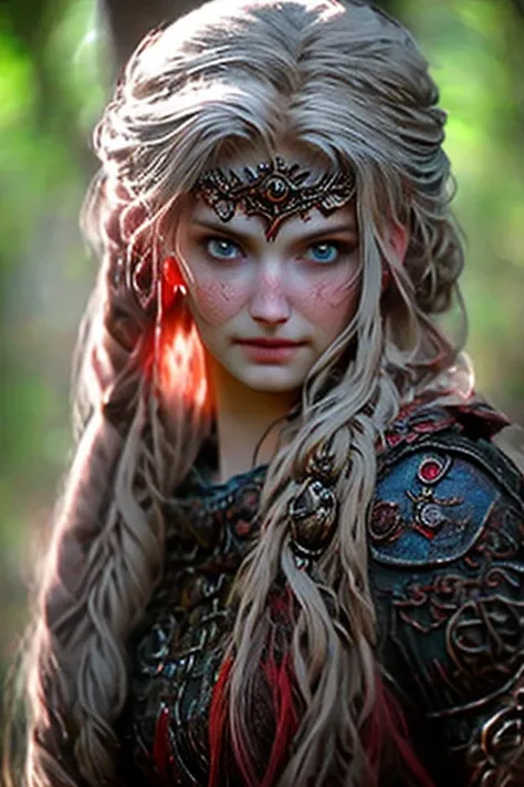 Mujer guerrera vikinga con ojos azules y cabello rojo.. El entorno es un bosque escandinavo en primavera. Imagen de ultra calidad con detalles realistas. HDR