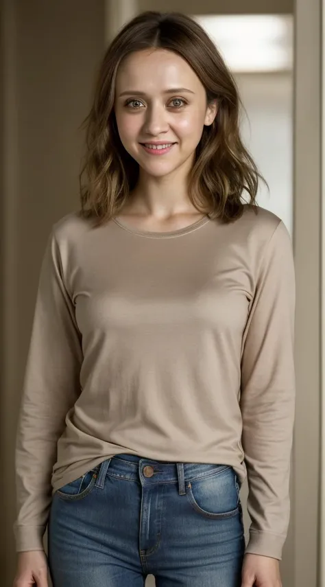 a woman that is smiling and holding a cell phone, this person does not exist, young woman in her 20s, brown hair and large eyes, wearing a long sleeve tshirt and jeans, olesya rulin-romola garai-valorie curry-maude apatow-peggy lipton-mia wasikowska-madeli...