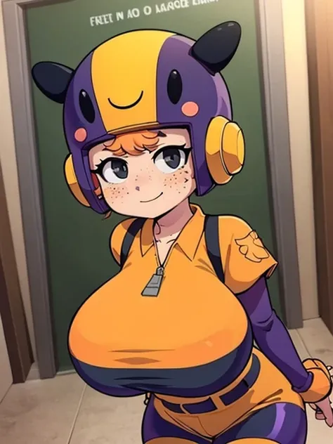 bsbea, Adult, solo, Black Eyes, Yellow jumpsuit, Shorts, Purple Belt, Purple long stockings, orange hair, zip tab, (purple shoulder straps:1), freckles, ssmile, (nice hands:1), purple sleeves, (top of the helmet), Masterpiece, Best Quality, (a perfect face...