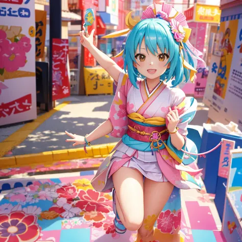 Nendoroid, 3D, bright pastel colors, happy smile, wedding dress, cool girl, very gorgeous dress, large mural, Japanese festival, layered 3D, short hair, playful and colorful depiction, anime taste, super detailed background, dynamic angle, "Niji 5" style b...