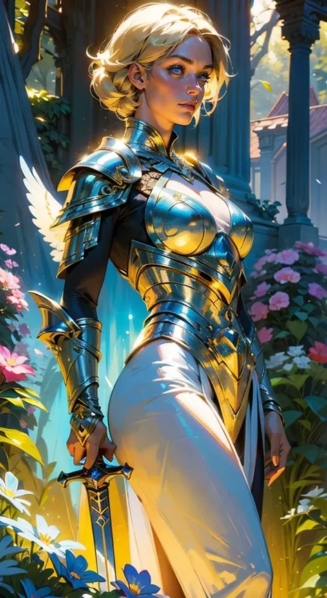 A girl holding a magical sword, surrounded by vibrant colors and a beautiful garden, with flowing blonde hair, bright blue eyes, and a determined expression. The girl is wearing a shining armor, decorated with intricate details and patterns. She stands tal...